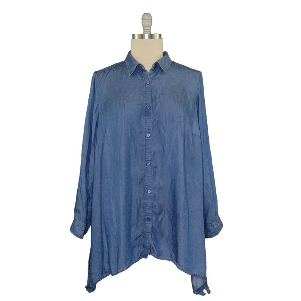 Zac & Rachel Shirt Blue Chambray Roll Tab Sleeve Button Front Shark Bite 3X